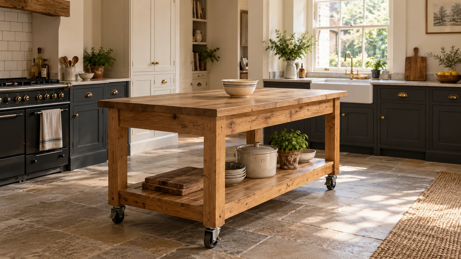 Oak worktable island in a characterful kitchen