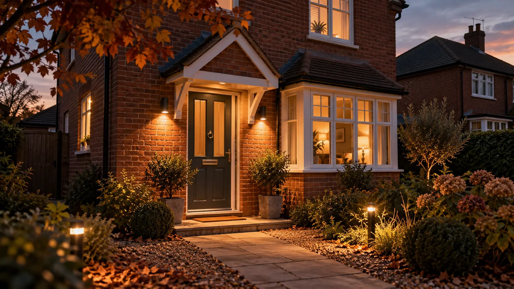 Warm downward-facing lights illuminating a brick house entrance