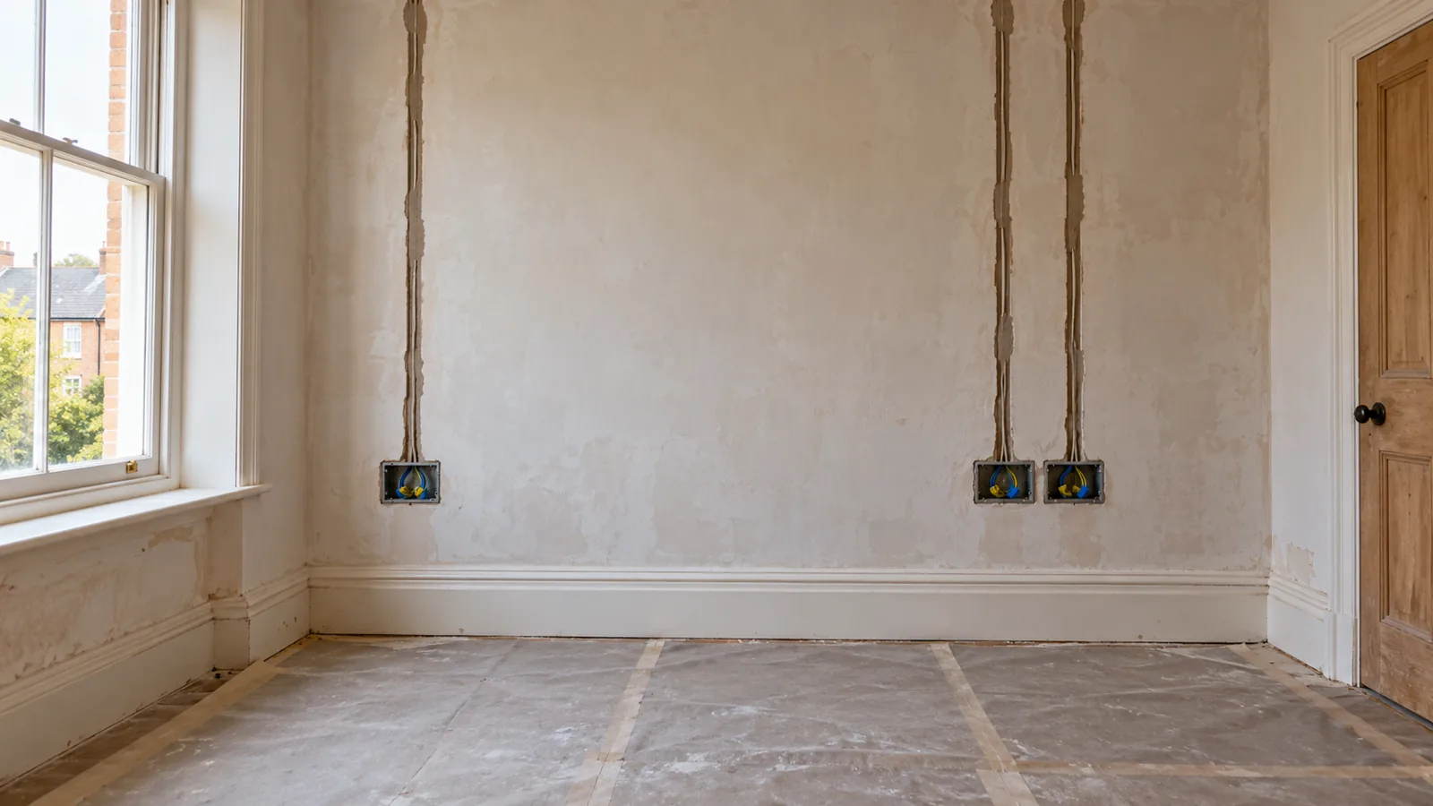 Room prepared for electrical renovation with neat wall chases